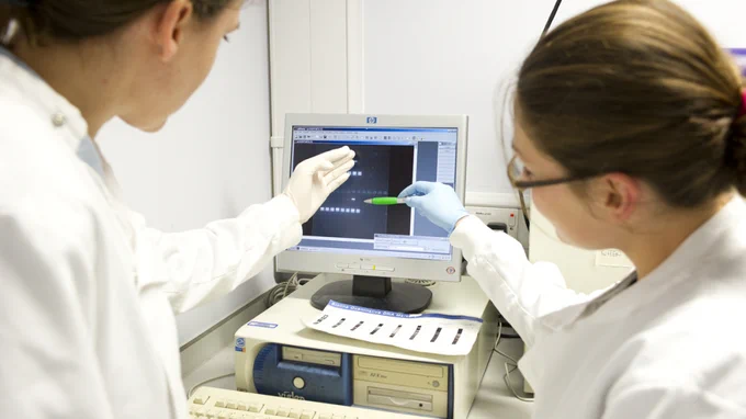 Two scientists look at results on a computer