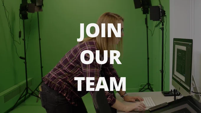"Join Our Team". Image shows lab tech using Cheltenham's editing software. 