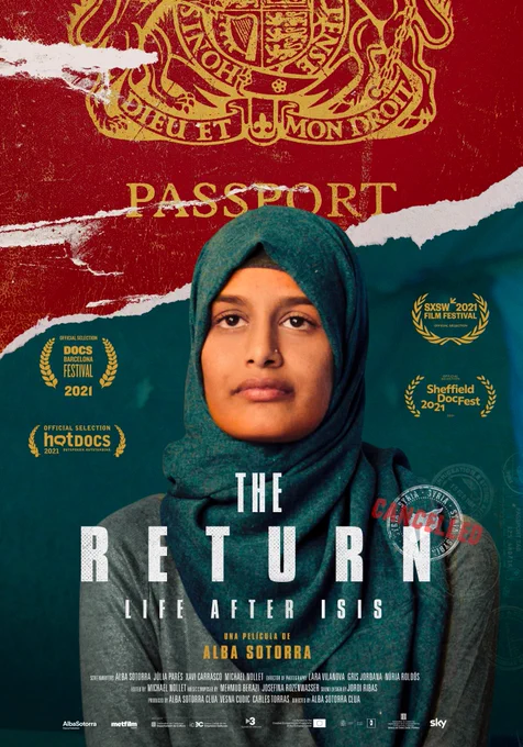 Image of a young woman in a green hijab, looking up towards the sky. Ib the background is a graphic that is depicting the logo on a US Passport. Text reads: :The Return: Life after Isis" 
