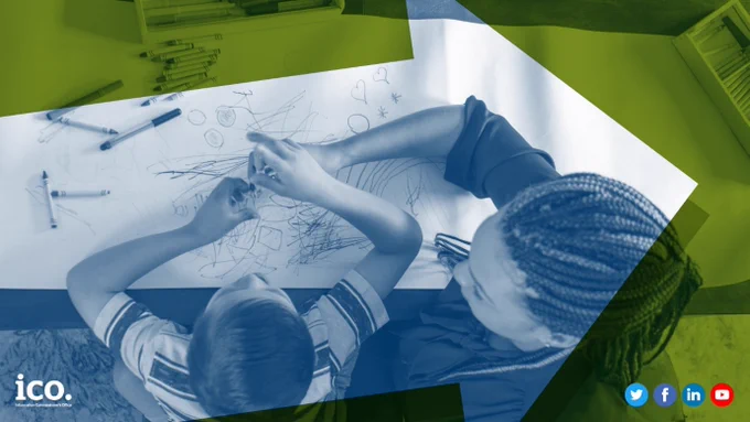 A woman and a child playing at a table. There's a green outline of an arrow over the top to represent data sharing