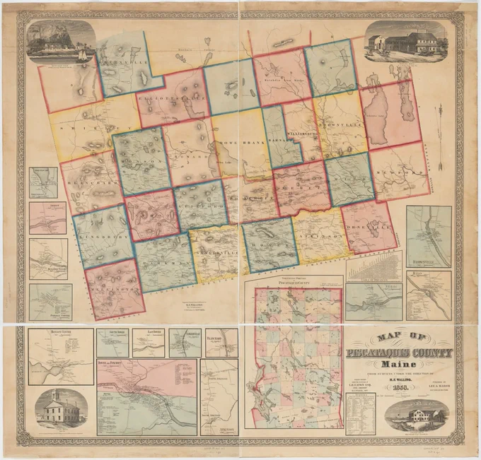 large map of the county with townships outlined in yellow, green, and red. Images of major buildings appear in the corners as well as insets of other areas in the county