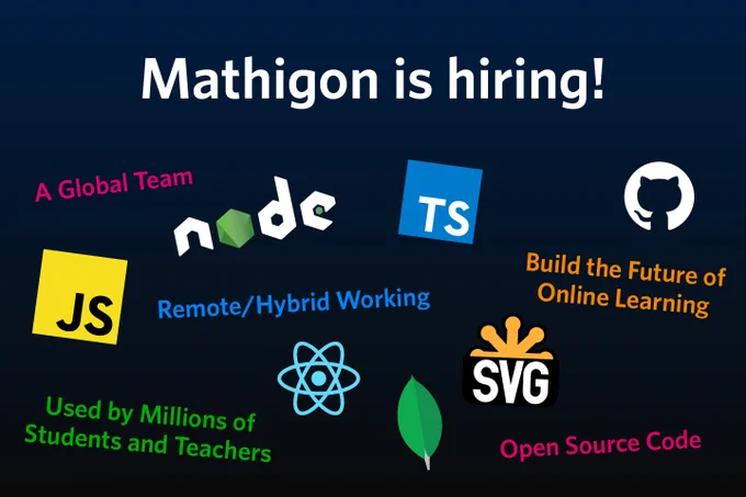 Mathigon is hiring!
A global Team
Remote/Hybrid Working
Build the Future of Online Learning
Used by Millions of Students and Teachers
Open Source Code
NodeJS, JavaScript, TypeScript, Github, React, MongoDB, SVG
