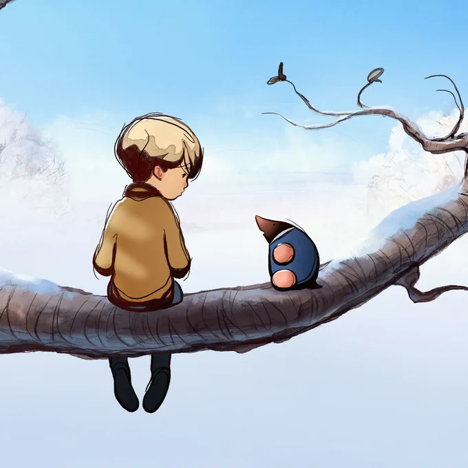 A boy and a mole, from Charlie Mackesy's The Boy, The Mole, The Fox and The Horse, sit on a tree branch looking at each other.
