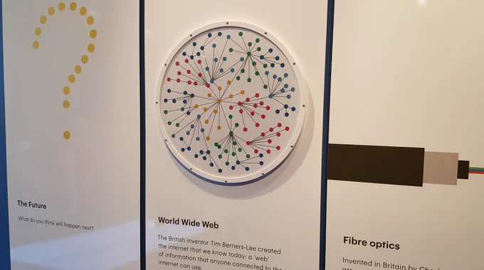 display from a museum about comms methods. Fibre optics. World wide web. And the future?? What's next?