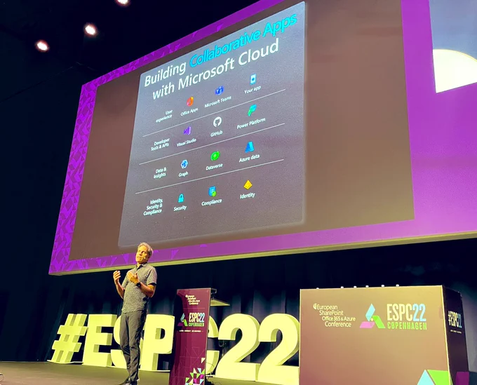 Jeff Teper talking CollaborativeApps at ESPC22 in Copenhagen for his keynote.