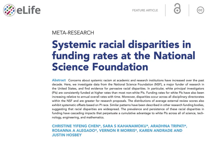 "Systemic racial disparities in funding rates at the National Science Foundation" published in eLife. Authors: Christine Yifeng Chen, Sara S. Kahanamoku, Aradhna Tripati, Rosanna A. Alegado, Vernon R. Morris, Karen Andrade, and Justin Hosbey. Abstract text: "Concerns about systemic racism at academic and research institutions have increased over the past decade. Here, we investigate data from the National Science Foundation (NSF), a major funder of research in the United States, and find evidence for pervasive racial disparities. In particular, white principal investigators (PIs) are consistently funded at higher rates than most non-white PIs. Funding rates for white PIs have also been increasing relative to annual overall rates with time. Moreover, disparities occur across all disciplinary directorates within the NSF and are greater for research proposals. The distributions of average external review scores also exhibit systematic offsets based on PI race. [word limit reached]"