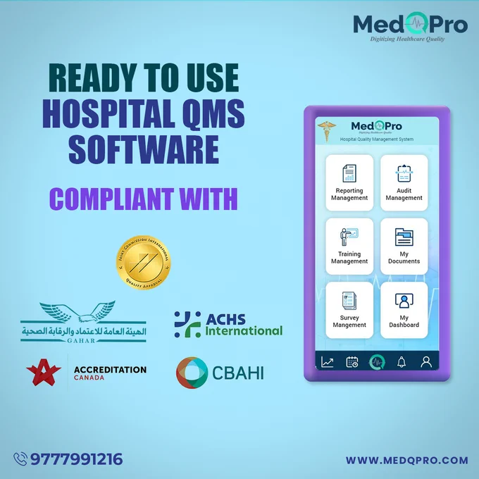 “MedQPro” is a ready-to-use Hospital QMS software, compliant with NABH, JCI, GAHAR, CABHI and many more accreditations. Reach out to our team for a free demo at  91 9777991216 or visit us at www.medqpro.com.

#hospitalsoftware #JCI #NABH #MedQPro #GAHAR #CABHI #QMSsoftware #qualitymanagementsystem #hospitalmanagement #qualitycontrol #nabhaccredited