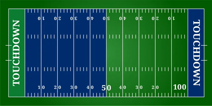 Top view of a green football field graph illustration. Half of the field is filled in with dark blue indicating 50% towards the goal and a touchdown.