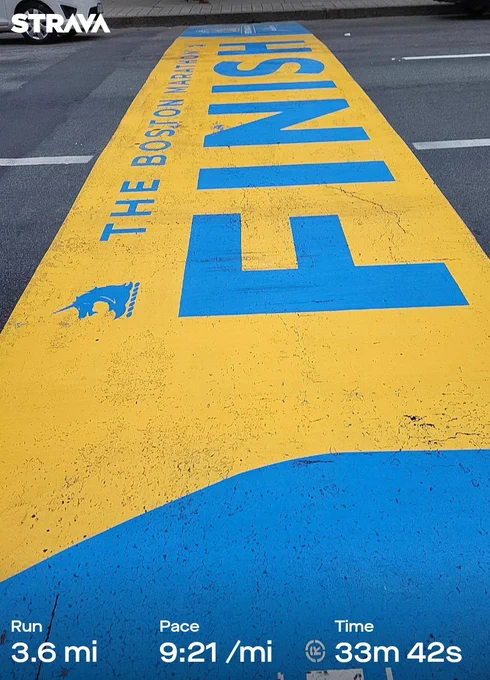 Finish line of Boston Marathon painted on Boylston St.