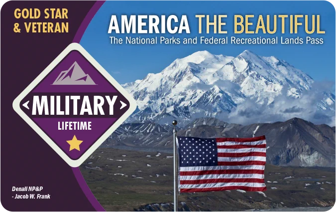 Card cover features American flag with huge mountain in the distance. Lots of text overlay with the largest font phrasing reading 'America the Beautiful,' 'Gold Star & Veteran,' and 'Military Lifetime.'
