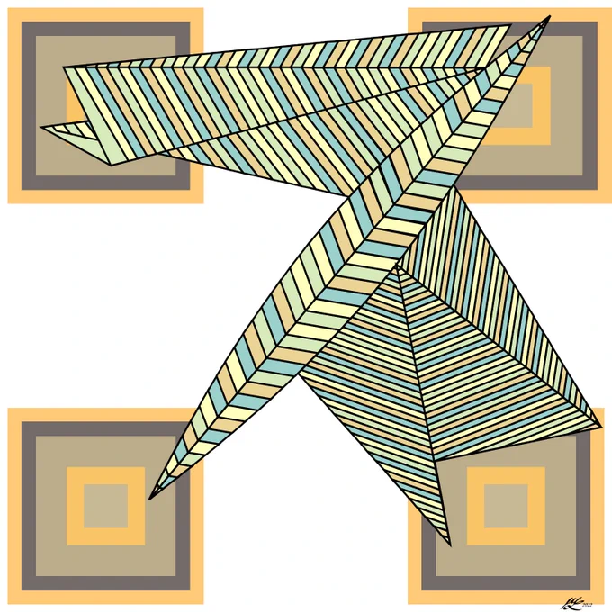 A lens-shape runs diagonally from the lower left. It is divided in two and filled with chevrons in various soft colours. Attached to the lens are various triangles, which are similarly divided. In the background are nested boxes in each corner in neutral colours.