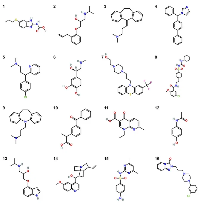 An image of 16 diverse small molecules