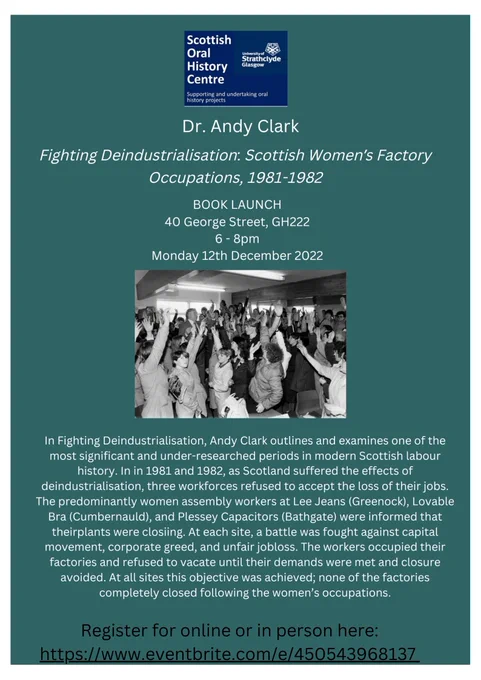 Poster with an image of a crowd of people with their hands in the air. Text says Dr Andy Clark, Fighting Deindustrialisation Book launch 12 Dec 6-8pm, 40 George Street