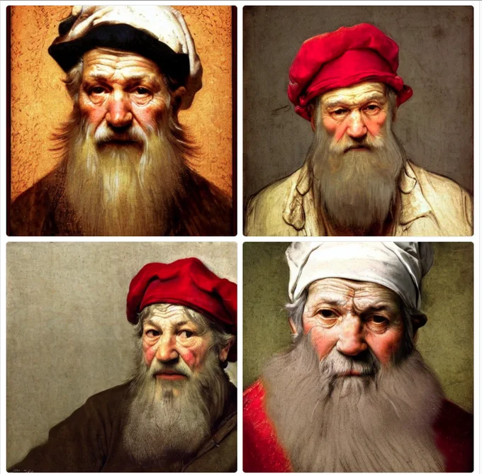 Four portraits with much the same facial features, generated by StableDiffusion with the prompt compelling HDR portrait by freud rembrandt holbein tiepolo photorealistic jolly old Tunisian white beard red cap