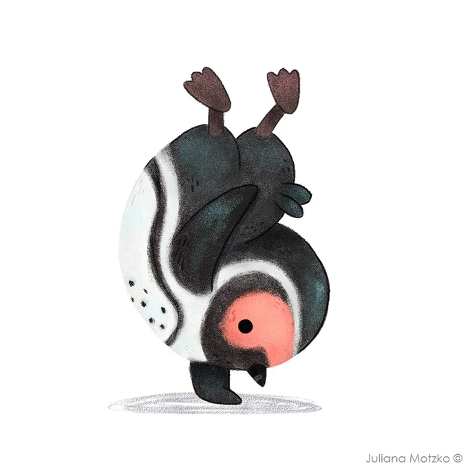 An illustration by Juliana Motzko of an African Penguin. The penguin is in the centre of a white page doing a one-handed handstand, it’s flippers up in the air. The other flipper pointing upwards. The penguin is black and white with a few black dots on its chest and pink around its eyes. There is a purple shadow beneath its flipper.
