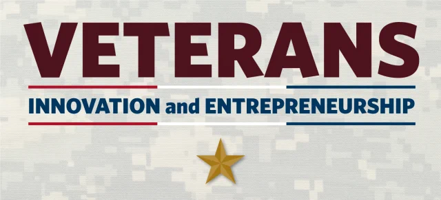 The words "Veterans Innovation and Entrepreneurship" in red, white, and blue with a gold star against a camo background