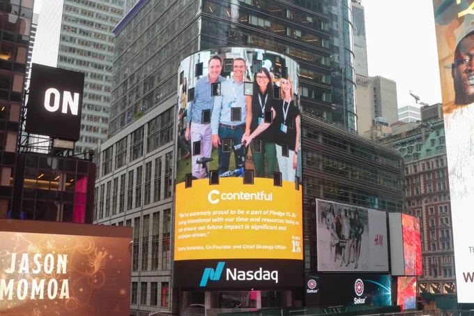 To celebrate Giving Tuesday, this image displays the Contentful team on the Nasdaq Tower in MarketSite at Times Square. Contentful is a proud Pledge 1% member. 