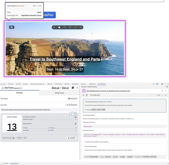 screenshot showing the W3C Carousel example and axe DevTools showing the failure