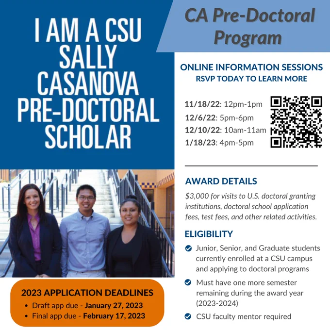 Sally Casanova Pre-Doctoral Scholarship includes $3,000 for visits to US doctoral-granting institutions, doctoral school application fees, test fees, and other related activities. Go to link in post for more info.
