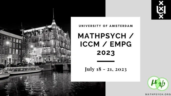 A save-the-date card from the Society for Mathematical Psychology.  In the background, a black-and-white vista of canal-side buildings in Amsterdam, and the logos of the Society and the University of Amsterdam.  In the foreground, the text:

University of Amsterdam
MathPsych / ICCM / EMPG 2023
July 18 to 21, 2023

Save the dates!