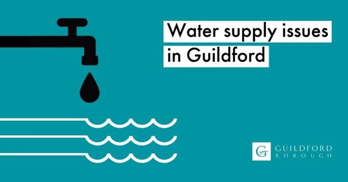 Graphic of tap and water. Water supply issues in Guildford. Guildford Borough Council logo.
