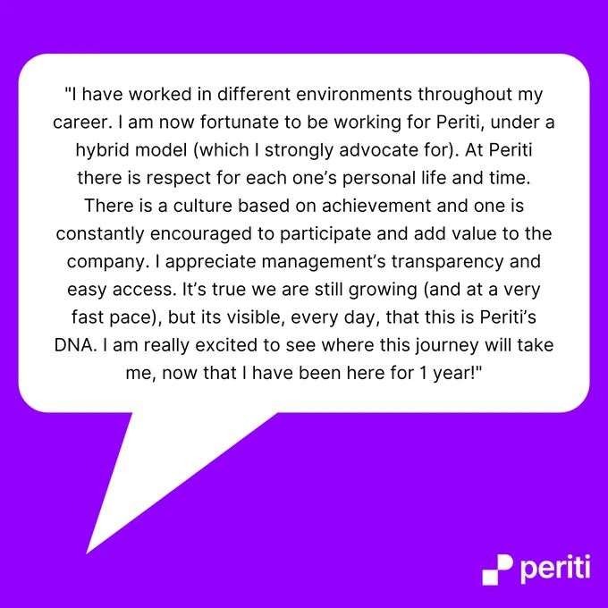 A speech bubble that includes a quote from Catarina outlining why she likes life at Periti
