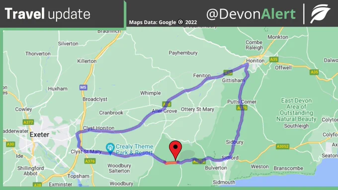 MAP SHOWING CLOSURE OF A3052 ROAD FROM HALF WAY INN TO GOOSEMOOR and EXETER ROAD, NEWTON POPPLEFORD AND DIVERSION VIA A3052, A375, A30, MOOR LANE, A3052, AND VICE VERSA