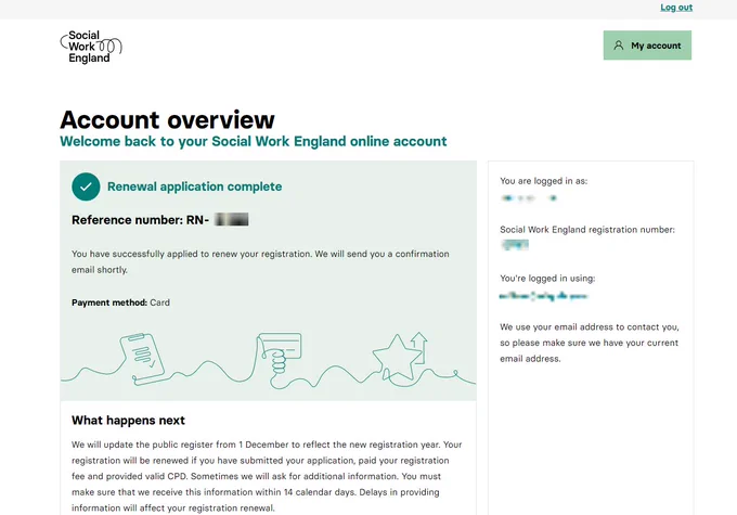 A screenshot of a Social Work England account overview. A green message, reads: "renewal application complete"