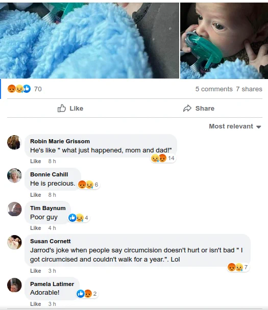 Robin Marie, with her happy-horseshit narration of a baby just tortured and mutilated: https://www.facebook.com/rmgrissom

Bonnie, with her vain flattery and deflection of the horror of what just happened: https://www.facebook.com/bonnie.cahill.7528

Tim, with his vain empathy, failing to speaking up for children: https://www.facebook.com/profile.php?id=100006052457672

Susan, with her puerile, happy-horseshit joke: https://www.facebook.com/susan.cornett

Pamela, with more vain flattery: https://www.facebook.com/pamela.latimer.50596
