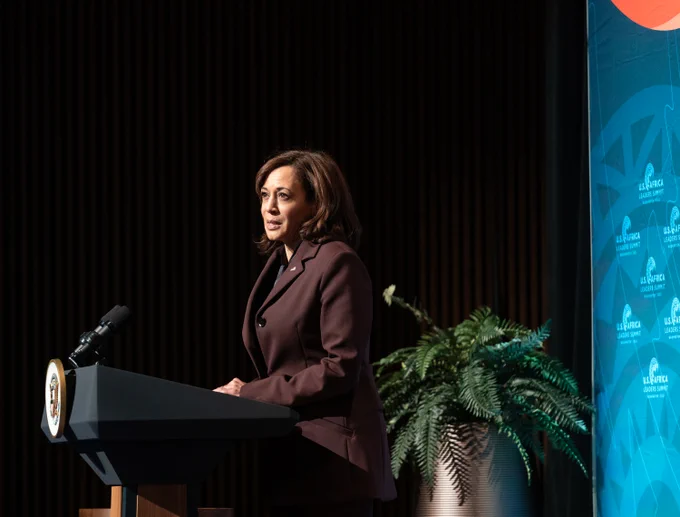Vice President Harris at podium delivering remarks.