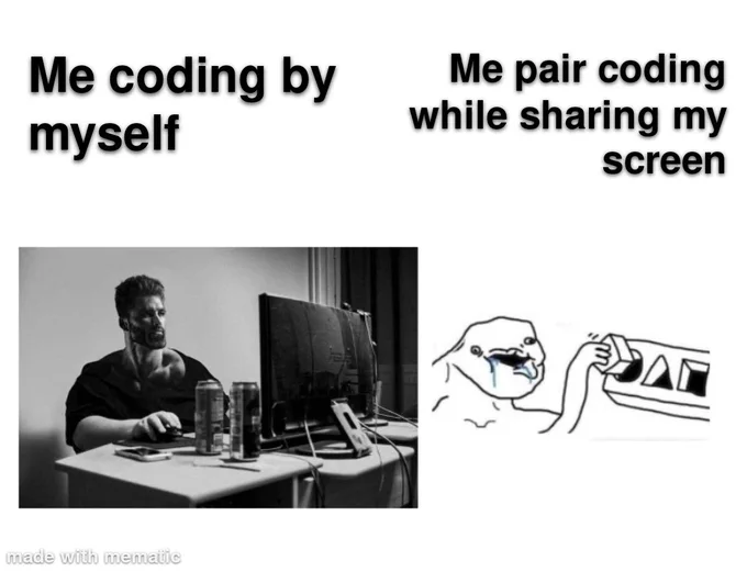 Image is a meme. The left side shows someone confident while on a computer. The right side shows someone poorly drawn that is putting blocks in the wrong slots of a toy. Showing the difference between coding on their own vs pair coding.