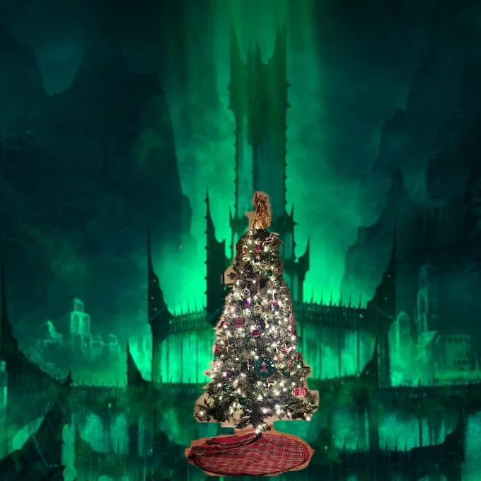 Image is the green-hued Tower of Sorcery - Minas Morgul - with what appears to be a Christmas tree crudely photoshopped onto.