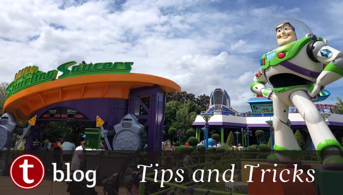 When Book Next Lightning Lane cover image showing large Buzz Lightyear outside of Alien Swirling Saucers.