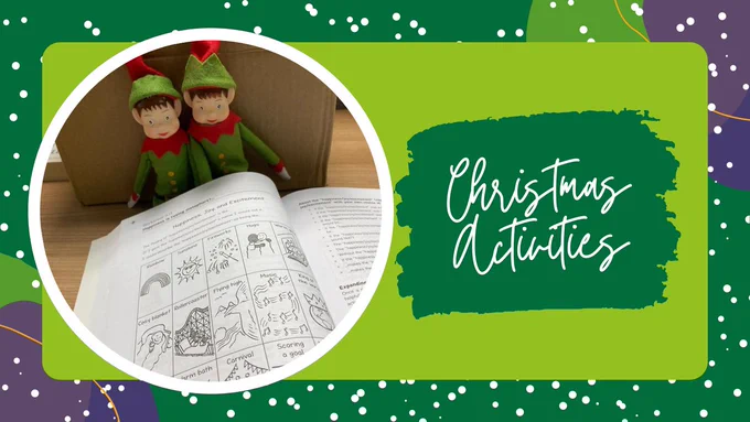 Picture on the left is of two Christmas Elves reading a book by Karen Treisman. There is a banner on the right that reads: Christmas Activities