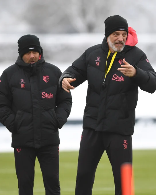 Julian Dicks and Slaven Bilic during Watford FC training today.
