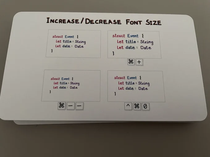 A learning card showing how to use command and plus and minus to increase and decrease the font size in Xcode.