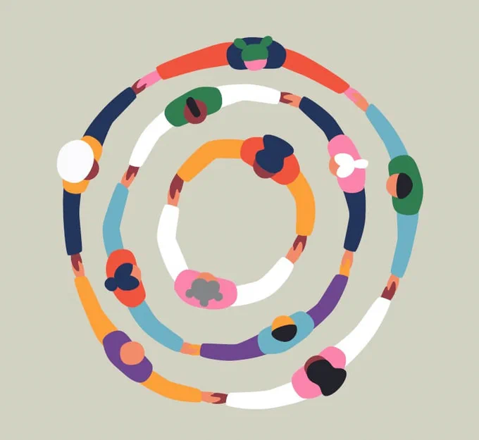 A colorful illustration of a diverse group of people holding hands in circle. The circles are seen from a birds eye view. 