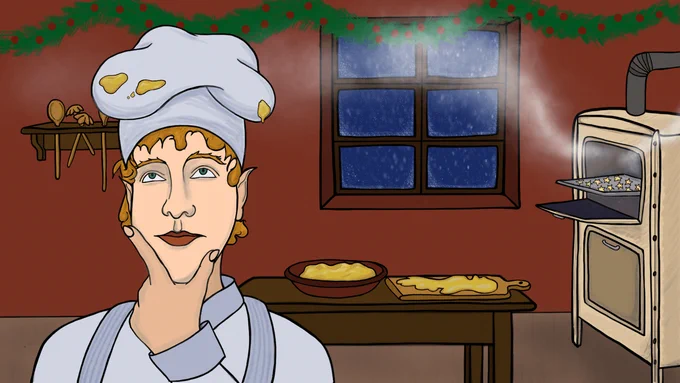 Eine Backelfe steht in der Weihnachtsbackstube. Sie hat Teig an der Mütze und schaut fragend nach oben. Auf dem Küchentisch liegt Teig in einer Schüssel und auf einem Brett. Im geöffneten Ofen dampfen noch Plätzchen.