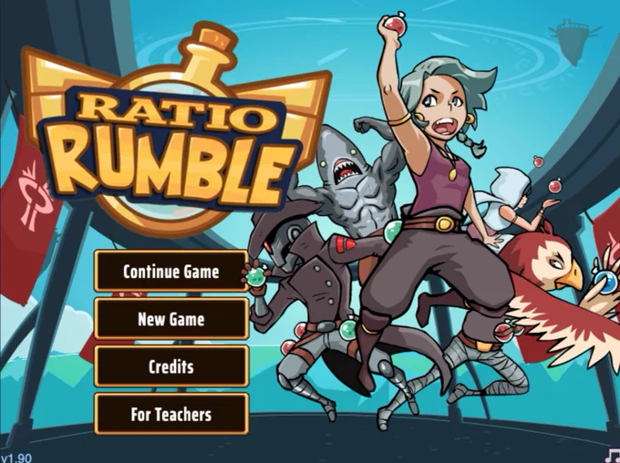 screenshot from the ratio rumble home screen. Left side of photo has the games logo as well as a series of buttons. On screen text reads: Ratio Rumble, Continue Games, New Game, Credits, For teachers, version 1.9. Right side of screen shows characters from the game.