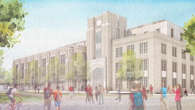 A conceptual rendering of the exterior of Mitchell Hall, viewed from the southeast. Rendering courtesy of Virginia Tech Capital Construction.