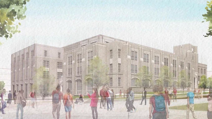 Exterior of Mitchell Hall, as viewed from the southwest.
