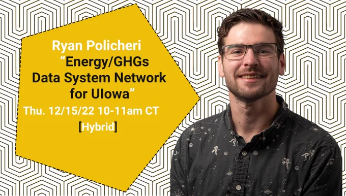 Text:
Ryan Policheri  “Energy/GHGs Data System Network for UIowa”
Thu. 12/15/22 10-11am CT
 [Hybrid]
With picture of Ryan Policheri on "brain rock" pattern background