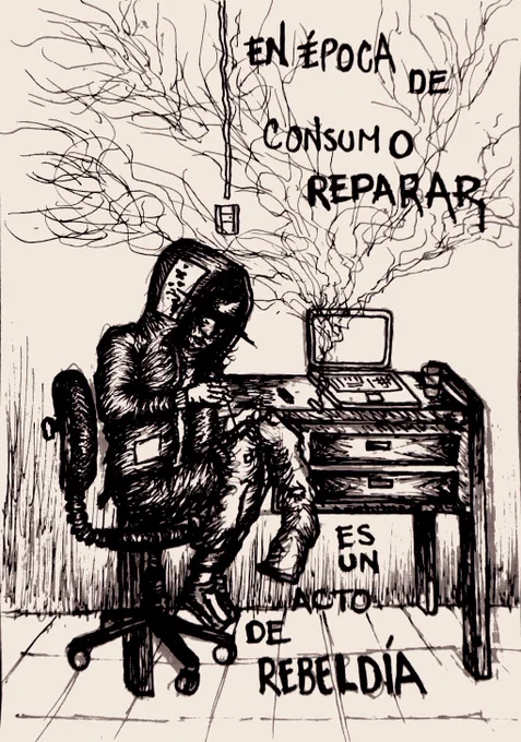 Inky drawing of a hooded person sitting in a chair mending a clothing item with hand drawn text: EN ÉPOCA DE CONSUMO REPARAR ES UN ACTO DE REBELDÍA
