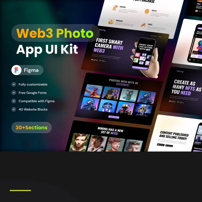 Web3 Photo App UI Kit 
Mining is a photo-sharing app that enables creators to share their content on any social media platform. This file is clean, minimalistic, and attractive. 