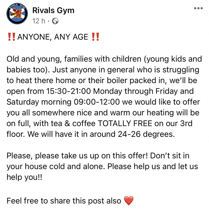 Screenshot of a Facebook post by rivals gym offering a warm place 15:30-21 Mon to Fri and 9-12 Sat. Free tea and coffee.