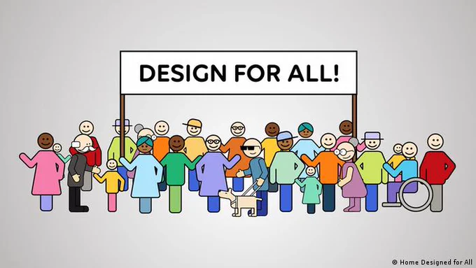 Zu sehen ist eine Gruppe von sehr unterschiedlichen Menschen. Es ist eine Art Zeichnung. Sie halten ein Schild, auf dem Schild steht "Design for All!"