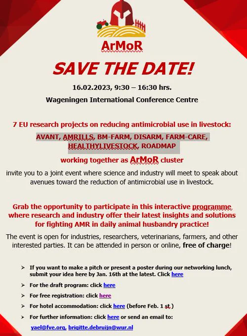 Grab the opportunity to participate in this interactive programme where research and industry offer their latest insights and solutions for fighting AMR in daily animal husbandry practice!
The event is open for industries, researchers, veterinarians, farmers, and other interested parties. It can be attended in person or online, free of charge! https://rb.gy/phwdh4

