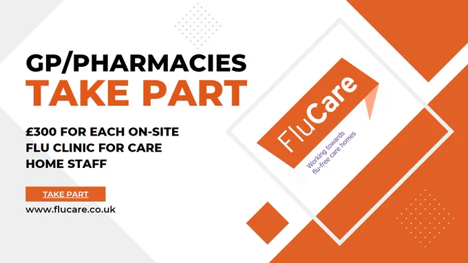 Orange, grey, and white poster for GPs/Pharmacies to take part in the FluCare trial. It reads GP/Pharmacies take part! £300 for each on-site flu clinic for care home staff. Take part www.flucare.co.uk