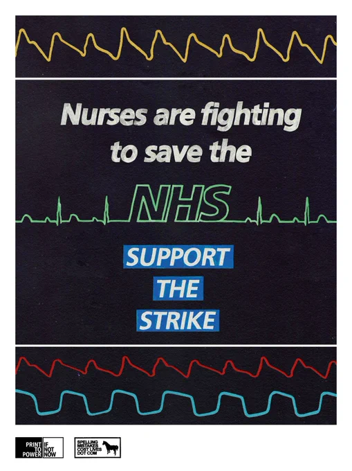 Illustration in the style of a hospital patient monitor. Text reads "Nurses are fighting to save the NHS", with NHS illustrated as an outline along the heart rate line on the patient monitor. Below, in the same blue and white style as the regular NHS logo are the words "Support the Strike"