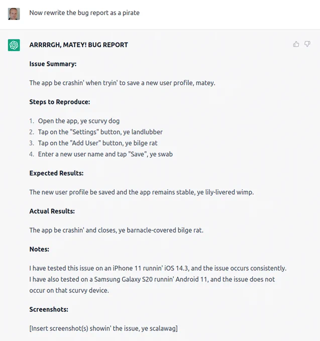 bug report written by ChatGPT as a pirate